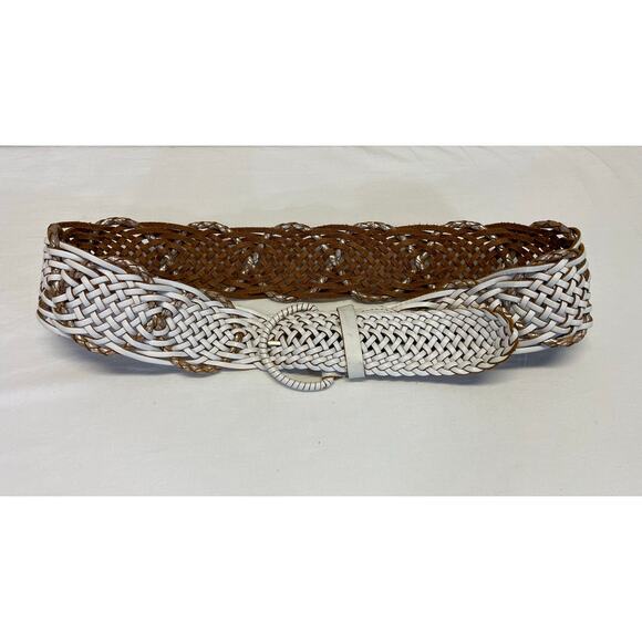 White Brown Woven Braided Leather Belt Linea Pelle Hippie Boho Retro - Picture 2 of 10